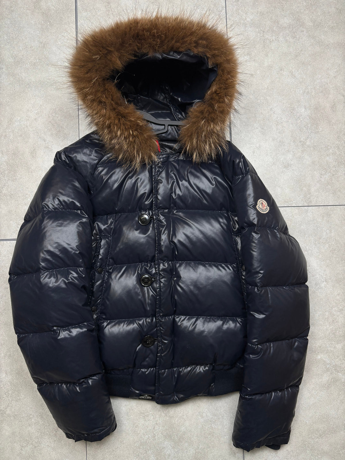 Moncler fur puffer jacket, size L, pre-owned (small hole on front, shown in photos) – Relique