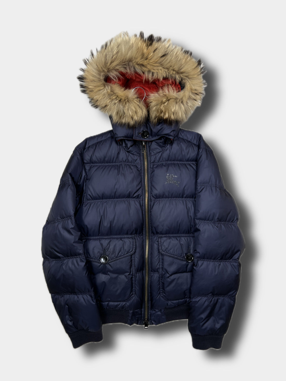 Burberry puffer jacket, size M, pre-owned 8/10 condition (missing button, peeling logo) – Relique
